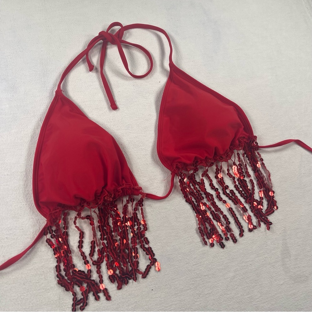 Red Sequin Fringe Triangle Bikini Top tassel festival concert party